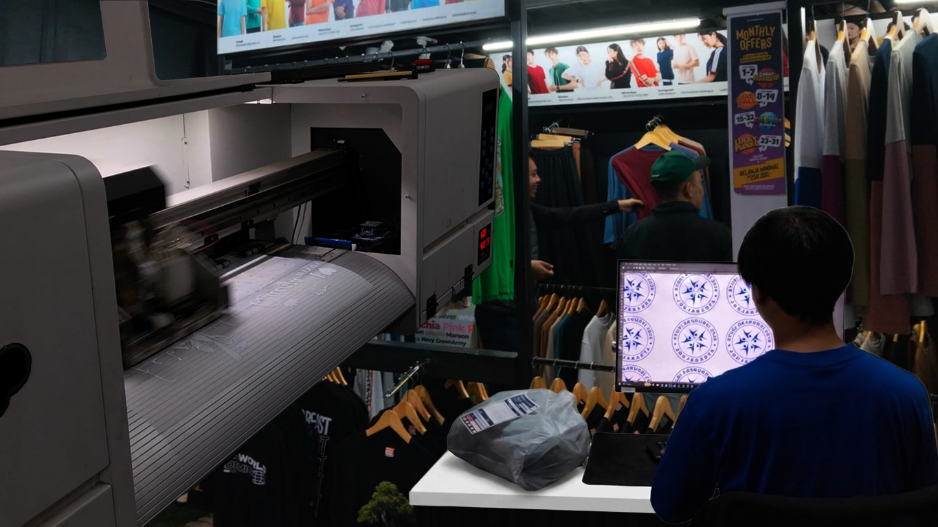 Mesin printing dan staf desain di workshop Bikinbadjoe